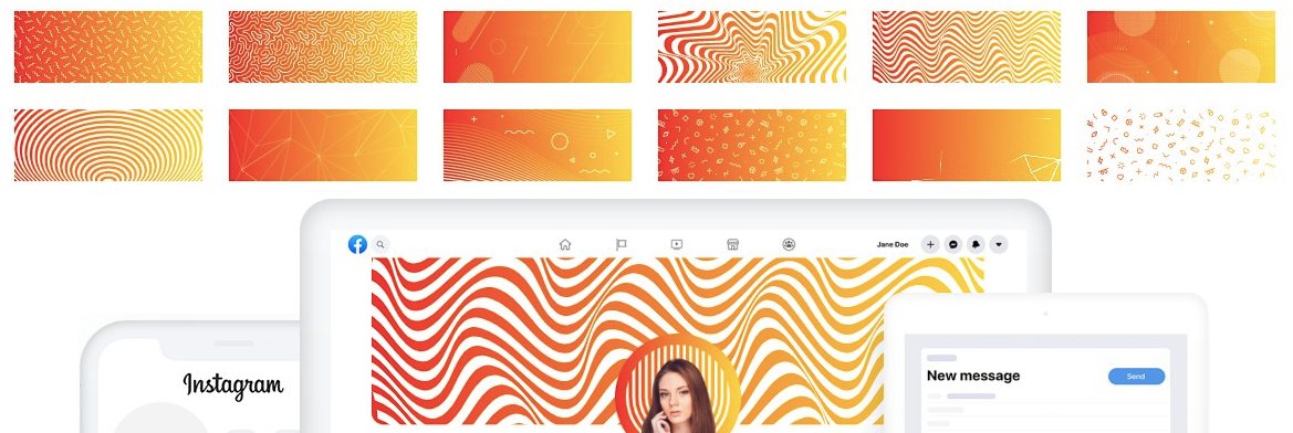 Collage of various abstract orange and yellow patterns with devices showcasing Instagram interface design elements. Como fazer foto de perfil
