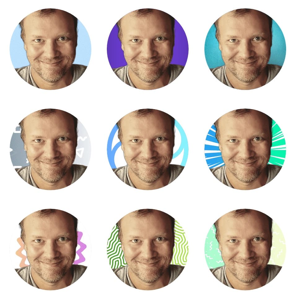 Nine circular headshots of a smiling middle-aged man with various colorful background patterns. foto de perfil