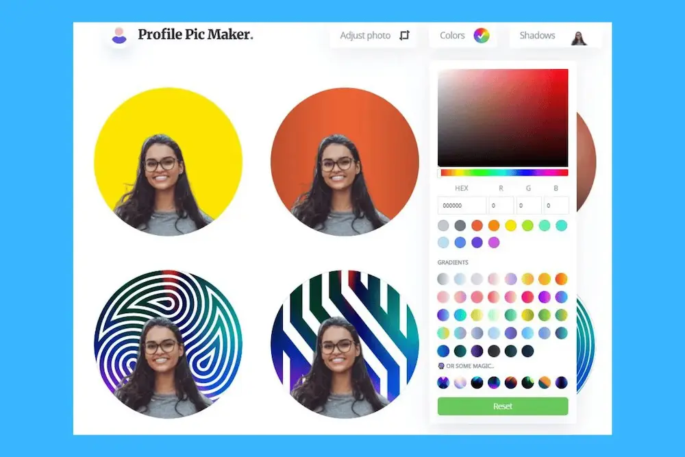 Woman using Profile Pic Maker software to create custom profile pictures with colorful backgrounds and patterns. PFPMaker